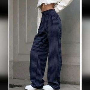 Commense Navy Pinstripe Pleated Wide-Leg Pants NWT Size Large-mango-zara-H&M